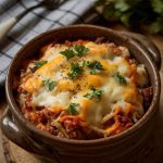 A serving of cowboy casserole in a rustic ceramic bowl, topped with melted cheese and parsley