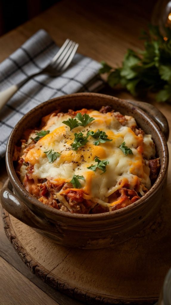 A serving of cowboy casserole in a rustic ceramic bowl, topped with melted cheese and parsley