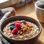 A cozy bowl of creamy oatmeal topped with fresh berries, chopped nuts