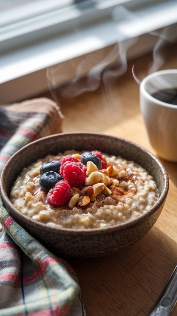 A cozy bowl of creamy oatmeal topped with fresh berries, chopped nuts