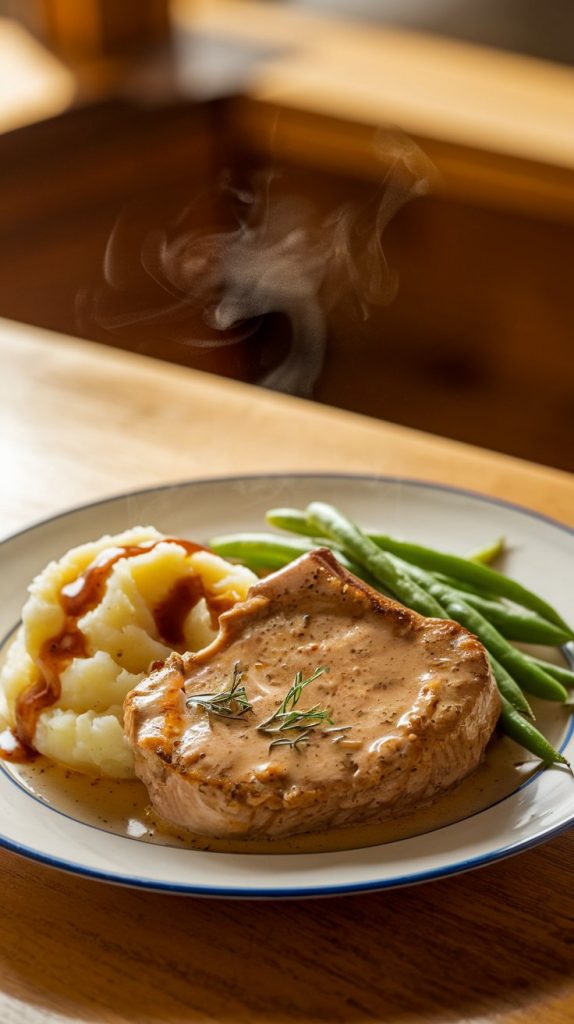 A cozy dinner plate with creamy pork chops, mashed potatoes drenched in sauce