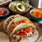 A cozy taco assembly scene with warm tortillas being filled with shredded chicken