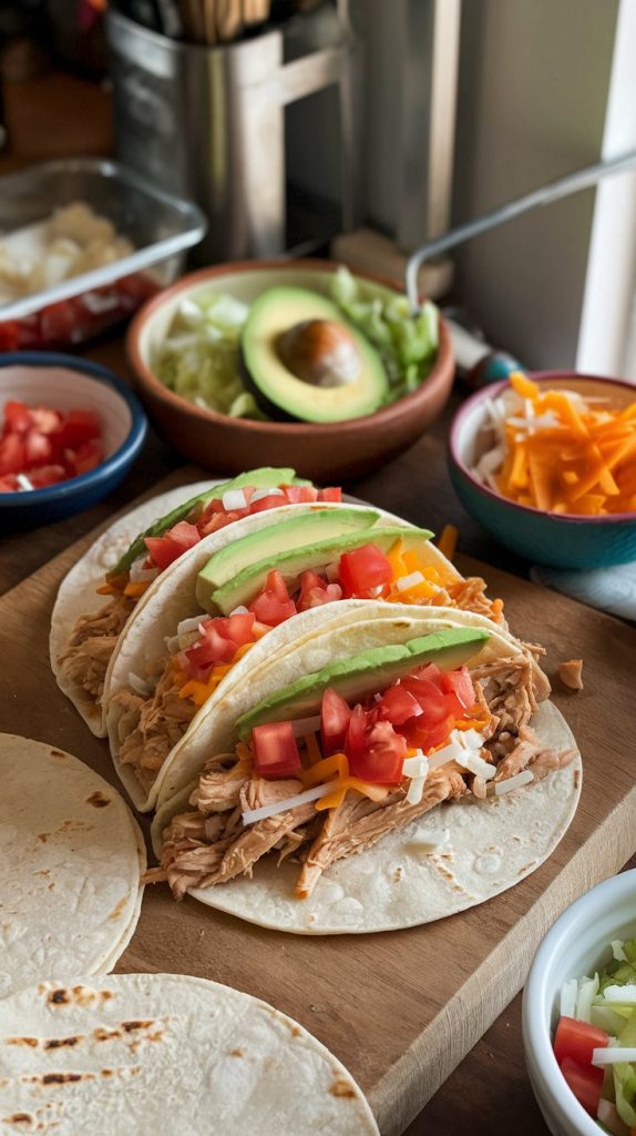 A cozy taco assembly scene with warm tortillas being filled with shredded chicken