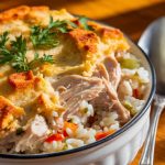 A creamy, golden-topped chicken and rice casserole served in a cozy white bowl, with shredded chicken