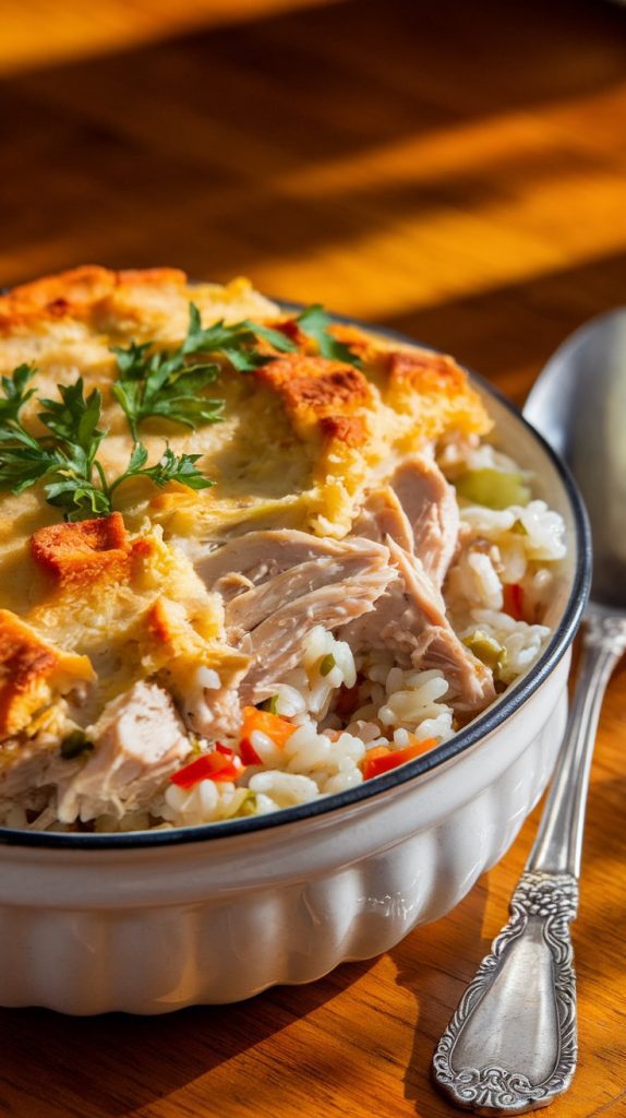 A creamy, golden-topped chicken and rice casserole served in a cozy white bowl, with shredded chicken