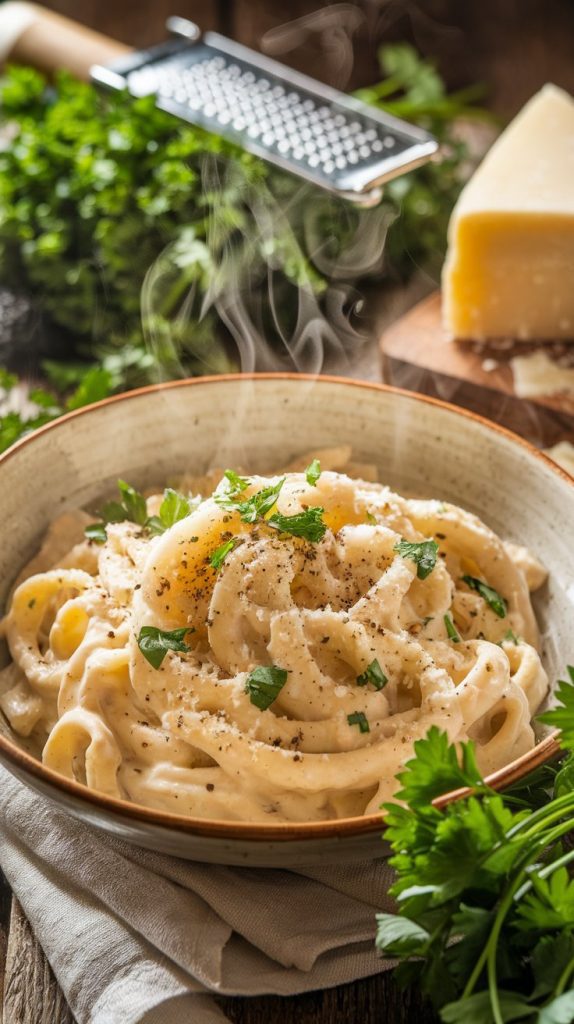 A plate of creamy chicken Alfredo garnished with Parmesan and parsley