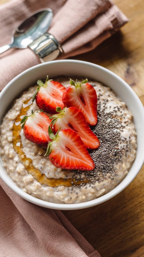 A creamy bowl of oatmeal topped with sliced strawberries