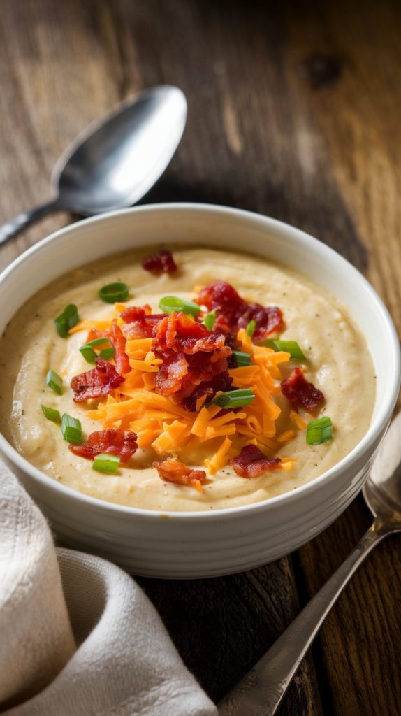 A close-up of a creamy crockpot potato soup served in a white bowl