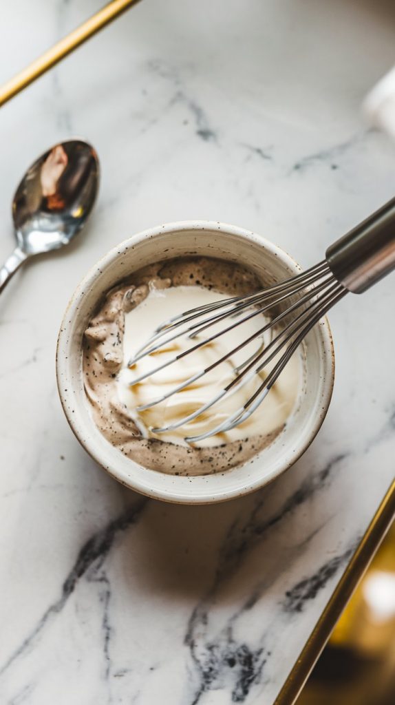 A creamy mixture of sour cream and cream of mushroom soup being whisked together in a small bowl