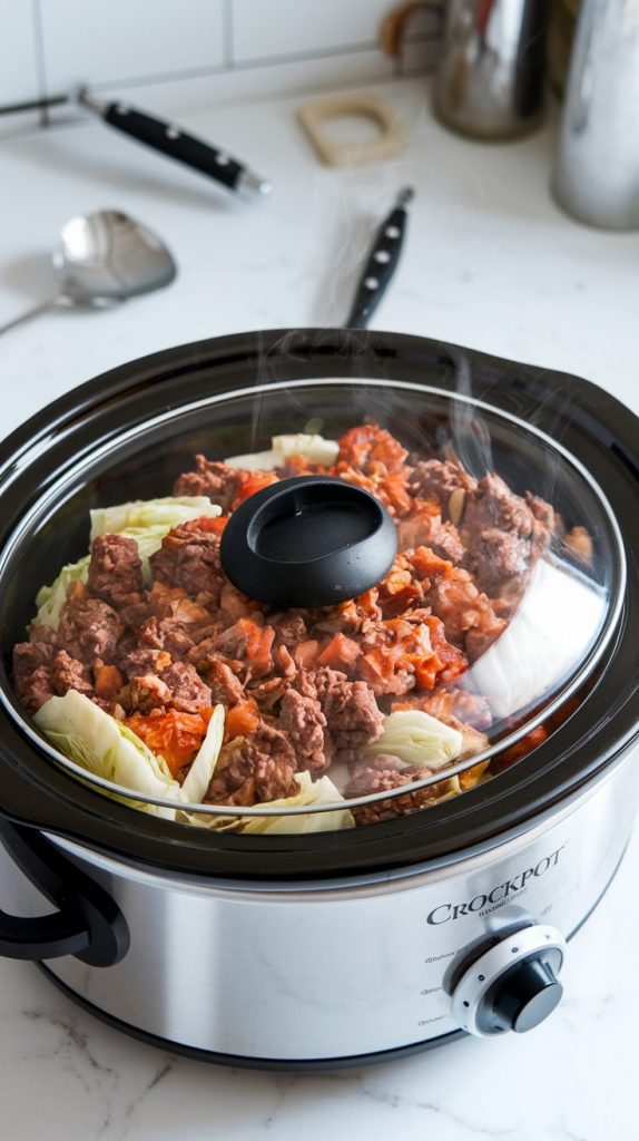 A slow cooker on a white marble countertop with a clear lid