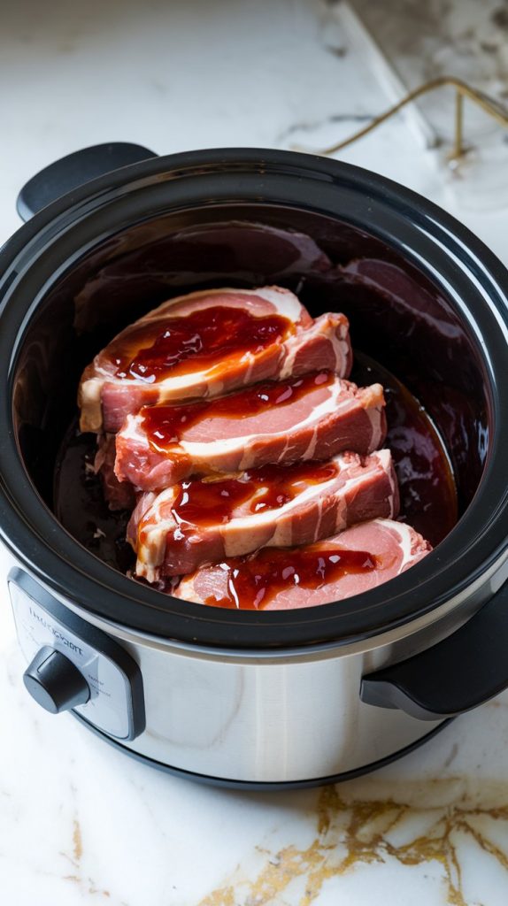 A crockpot with raw pork chops layered inside, covered with a shiny sauce made of grape jelly and BBQ sauce