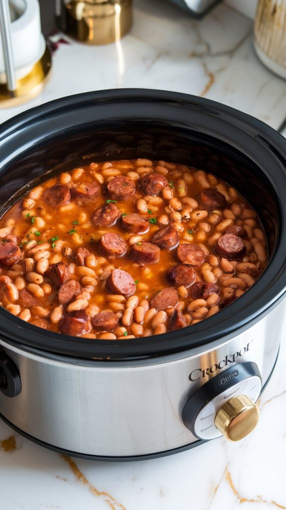 the crockpot during cooking, showing the beans softening and the sauce thickening