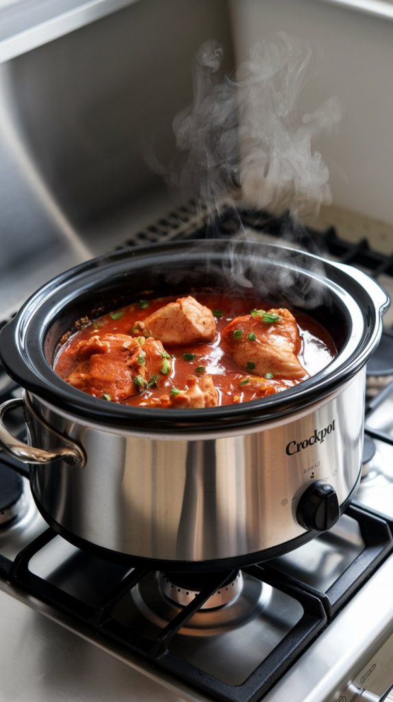 a crockpot mid-cook, with steam rising and the chicken just starting to fall apart in a rich salsa broth