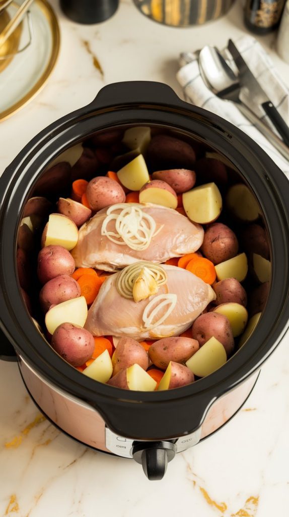 A crockpot filled with a layer of halved baby potatoes and carrots at the bottom