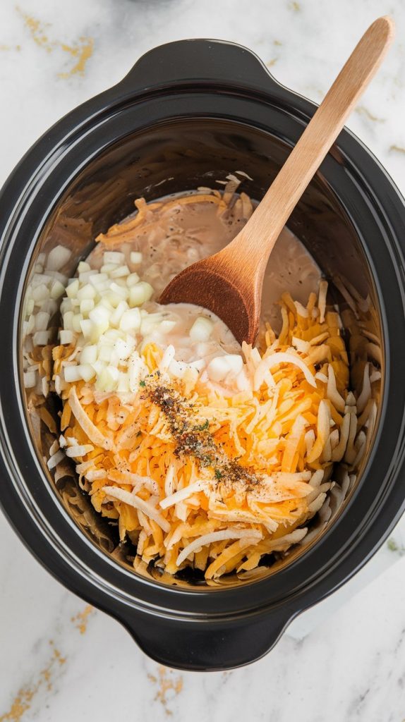 A crockpot filled with frozen shredded hashbrowns, diced onions, cream of chicken soup