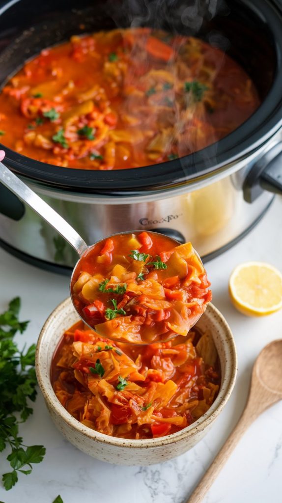 The crockpot now filled with steaming, fully cooked cabbage stew, vibrant with tender vegetables in a rich tomato broth