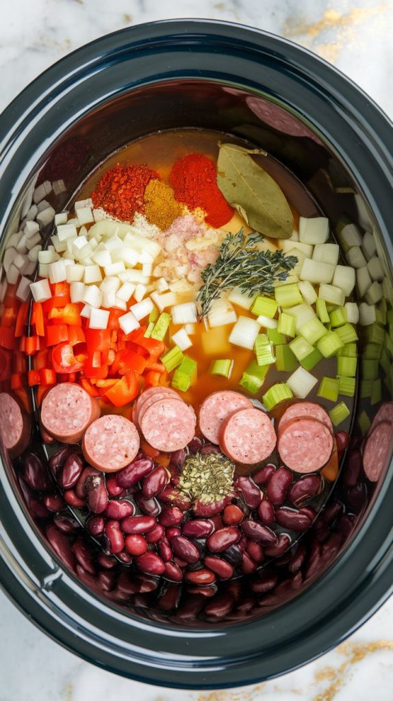 All ingredients layered inside a crockpot: red beans, sausage, chopped veggies, and spices visible on top of the broth