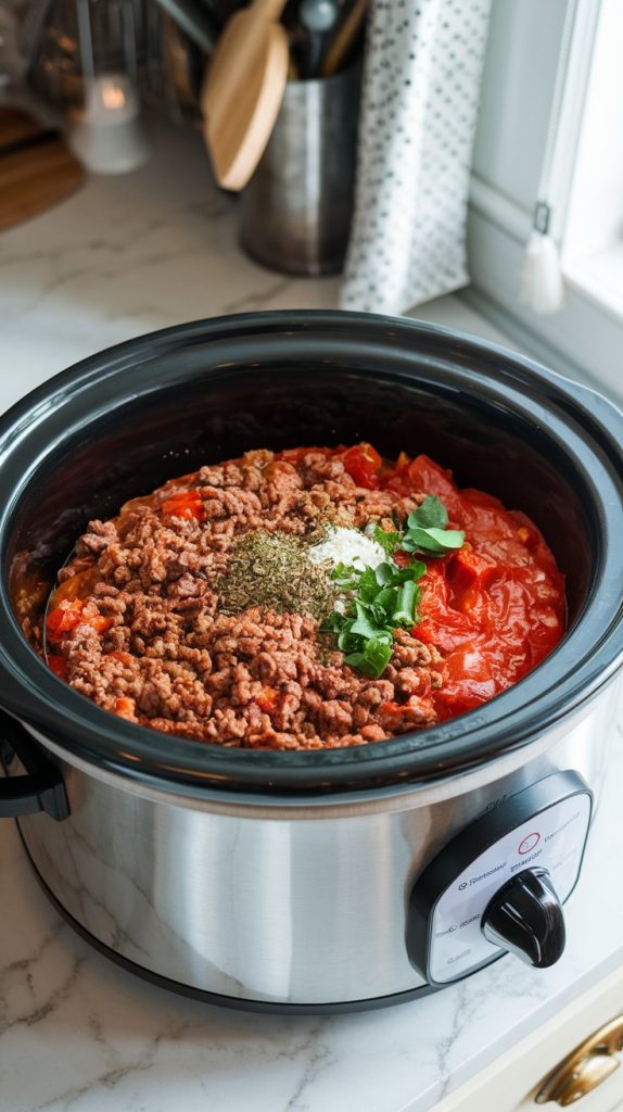 Crockpot filled with browned ground beef, crushed tomatoes, tomato paste, herbs, and spices