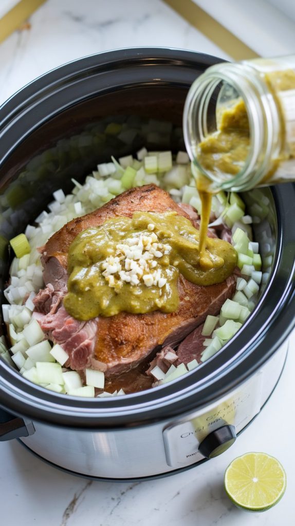 A crockpot filled with raw pork shoulder, diced onions, minced garlic