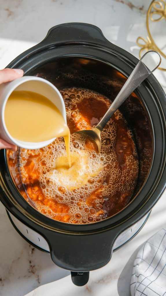 A crockpot filled with bubbling sauce as a small bowl of cornstarch slurry is poured in