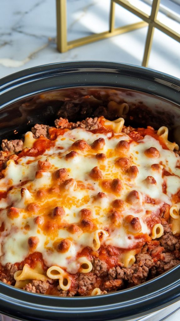 A crockpot filled with cheesy ground beef and pasta