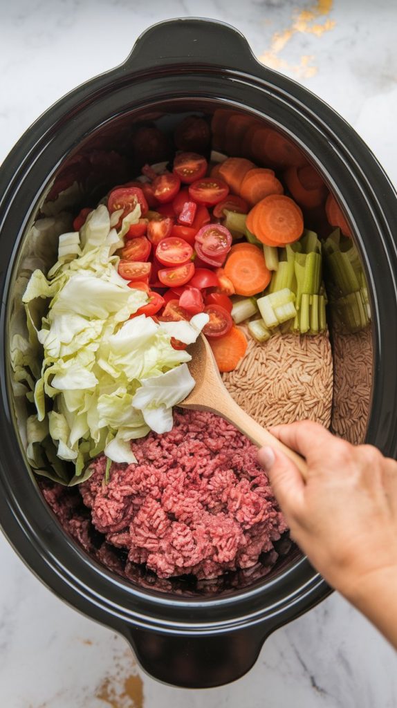 a crockpot filled with chopped cabbage, diced tomatoes, sliced carrots, celery, uncooked rice, and browned ground beef