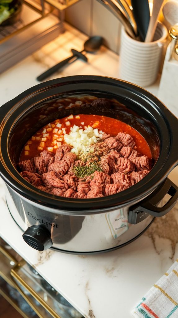 Crockpot filled with browned ground beef, diced onion, garlic, tomato sauce, chicken broth