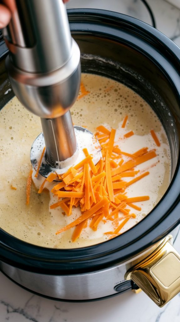 Immersion blender inside a crockpot of creamy potato soup, with shredded cheddar cheese