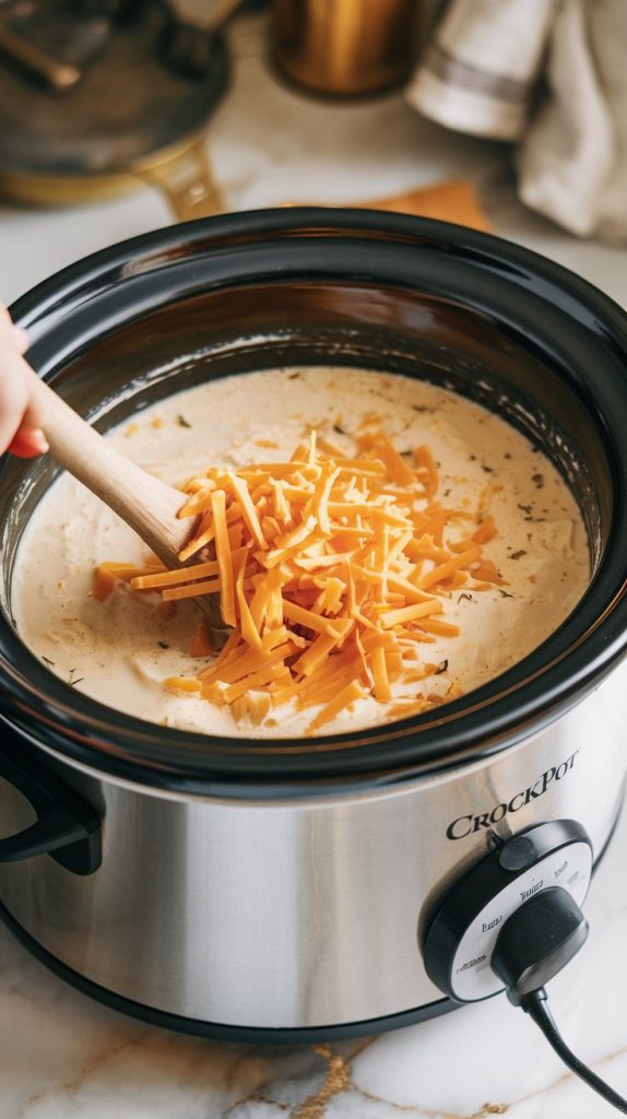 A crockpot filled with creamy potato soup being stirred, showing shredded cheddar cheese melting into the soup