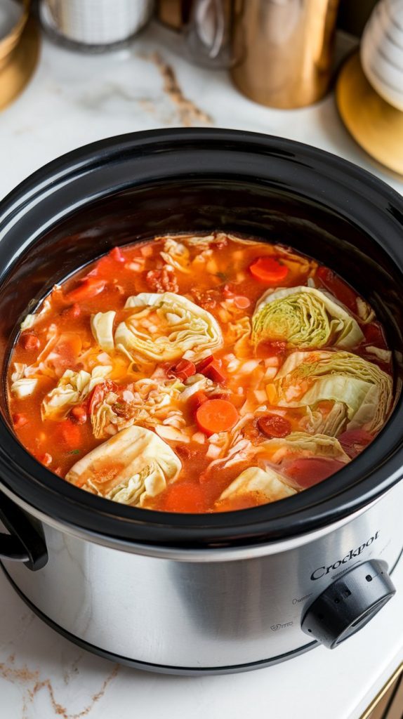 a crockpot steaming with Crockpot Cabbage Roll Soup cooking