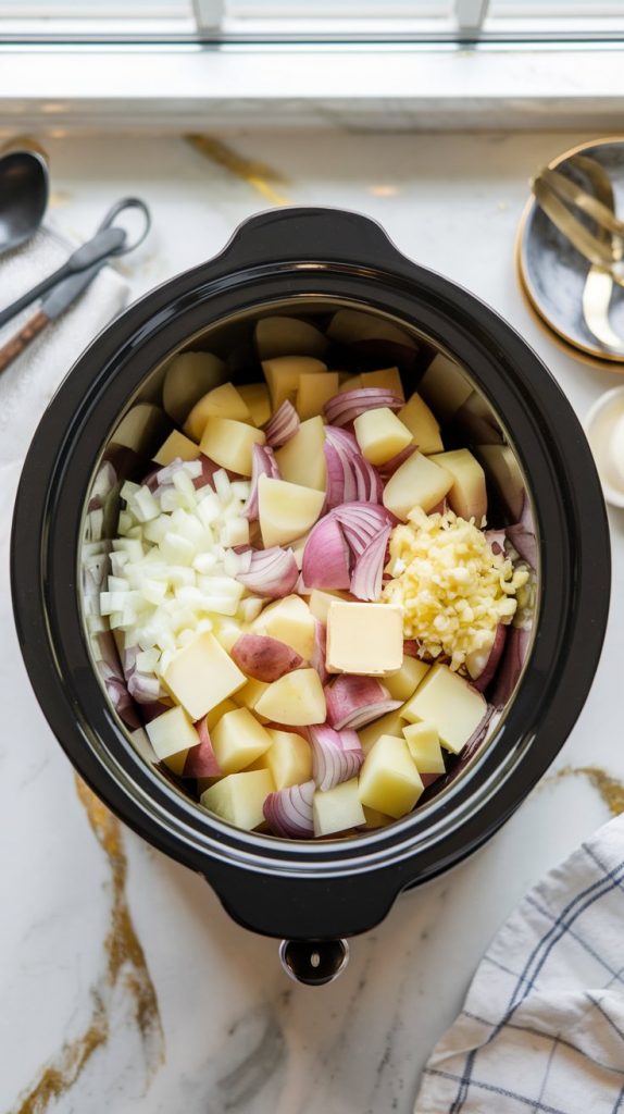 Crockpot filled with diced potatoes, chopped onions, minced garlic, chicken broth, and pats of butter