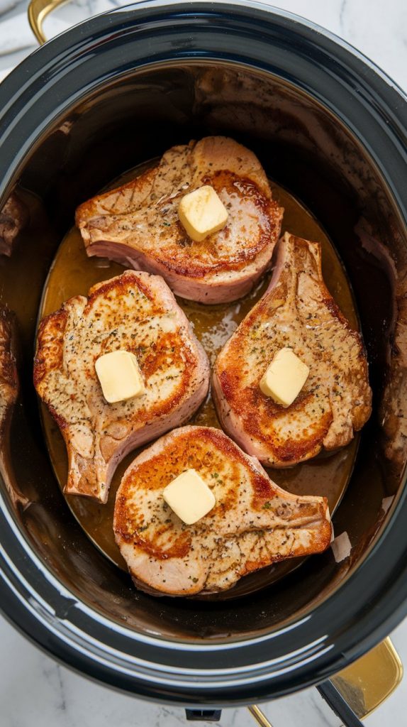 A crockpot filled with golden-brown seared pork chops arranged neatly