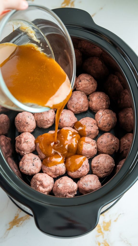 A Crockpot filled with frozen meatballs being coated with a glossy honey garlic sauce poured from a glass bowl