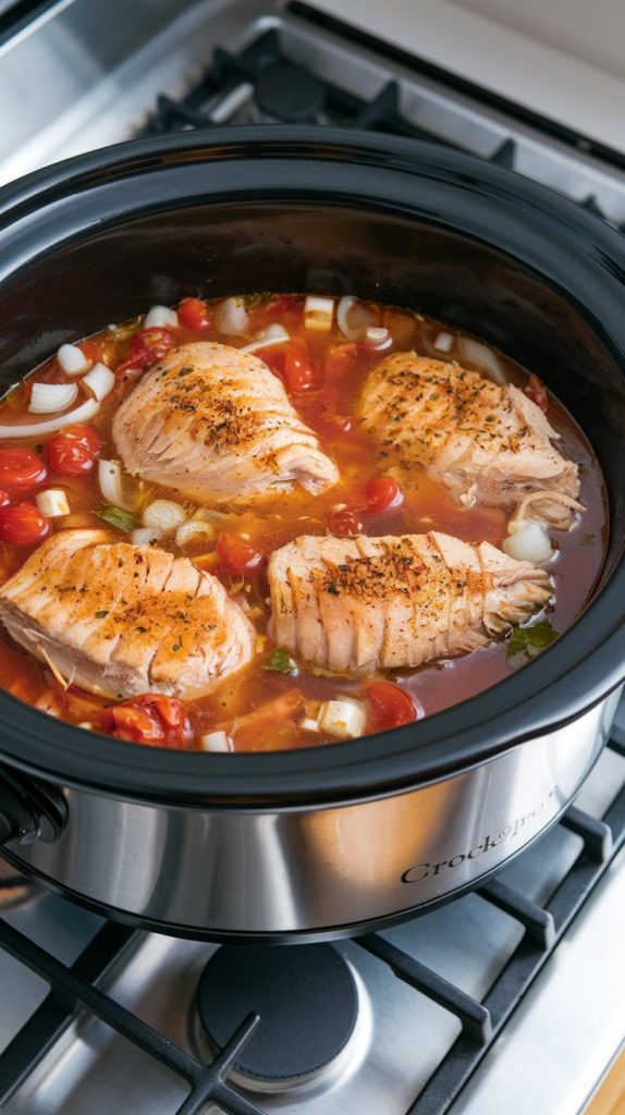 A crockpot with fully cooked chicken breasts in a flavorful broth with diced tomatoes, onions, and spices