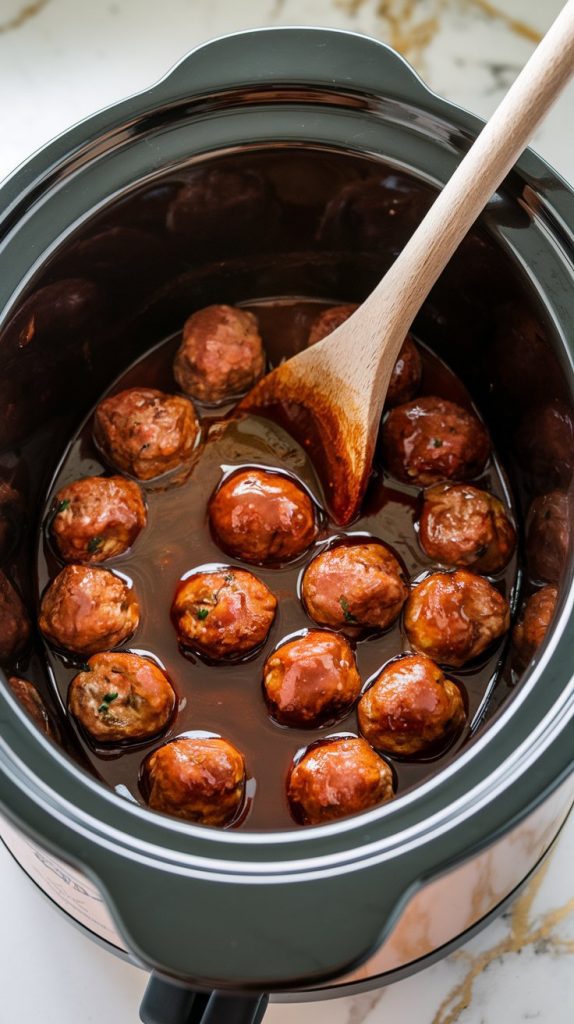 A crockpot filled with glossy BBQ sauce and browned meatballs