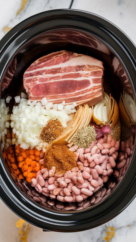 an image of a crockpot filled with layers of ham hock, diced onion, minced garlic, soaked beans, and seasonings