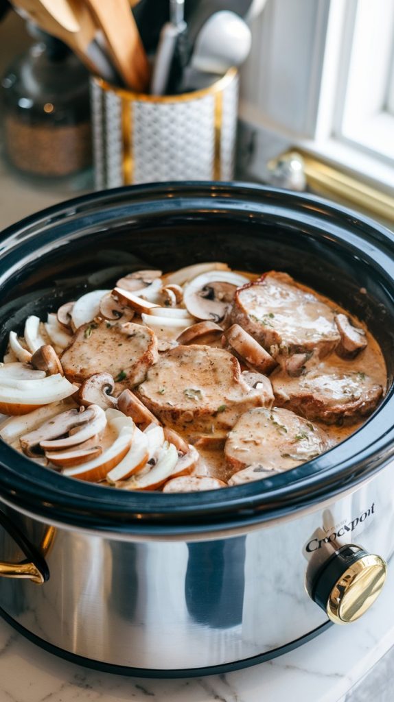 a crockpot filled with layers of onions, mushrooms, and pork chops, covered in a creamy sauce