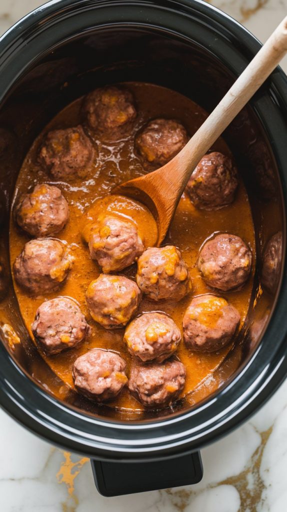 A crockpot filled with meatballs in a thickened