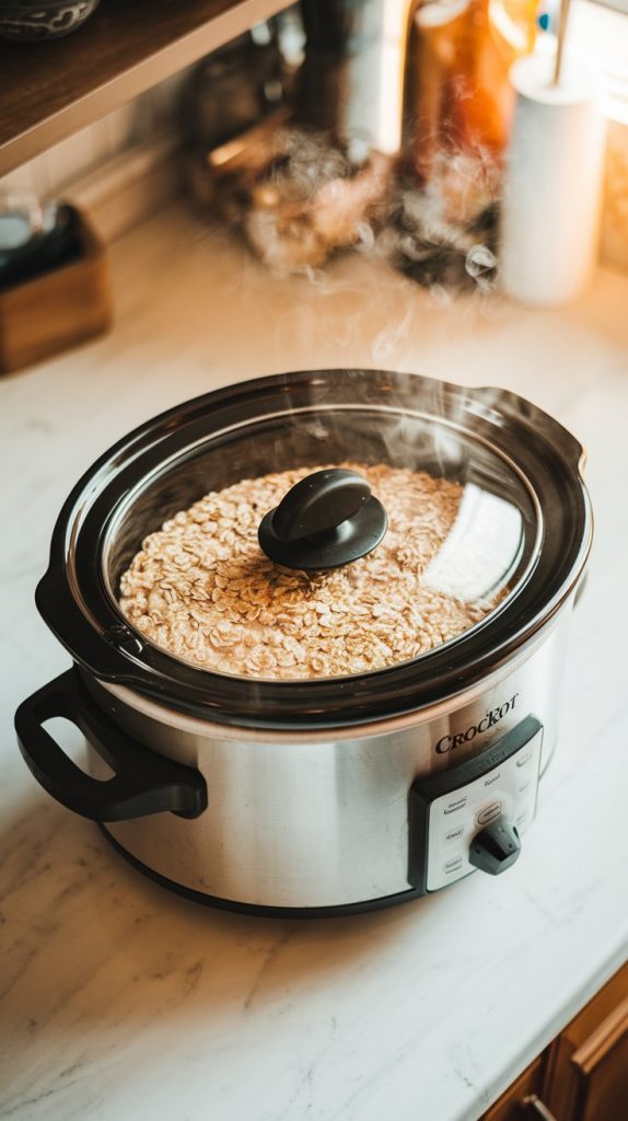 A crockpot with its lid on, showing a glimpse of the oatmeal cooking