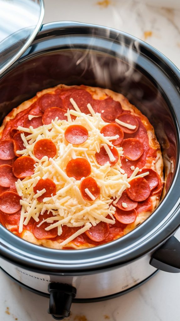 Crockpot with pizza dip mixture topped with shredded mozzarella and mini pepperoni