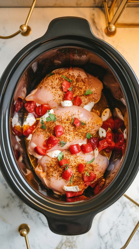 a crockpot filled with raw chicken breasts topped with taco seasoning, salsa, and chicken broth