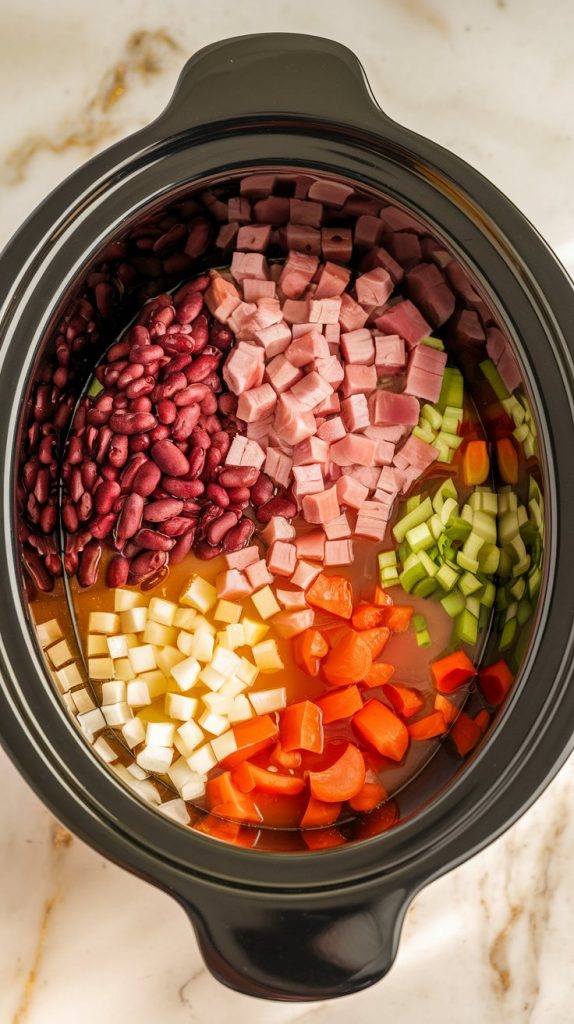 A crockpot filled with raw ingredients: red beans, diced ham, chopped vegetables, and broth