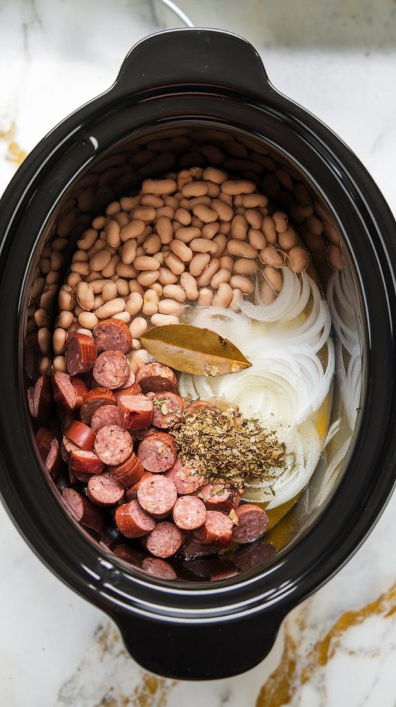 a crockpot filled with raw pinto beans, sautéed sausage and onions, chicken broth, water, and spices