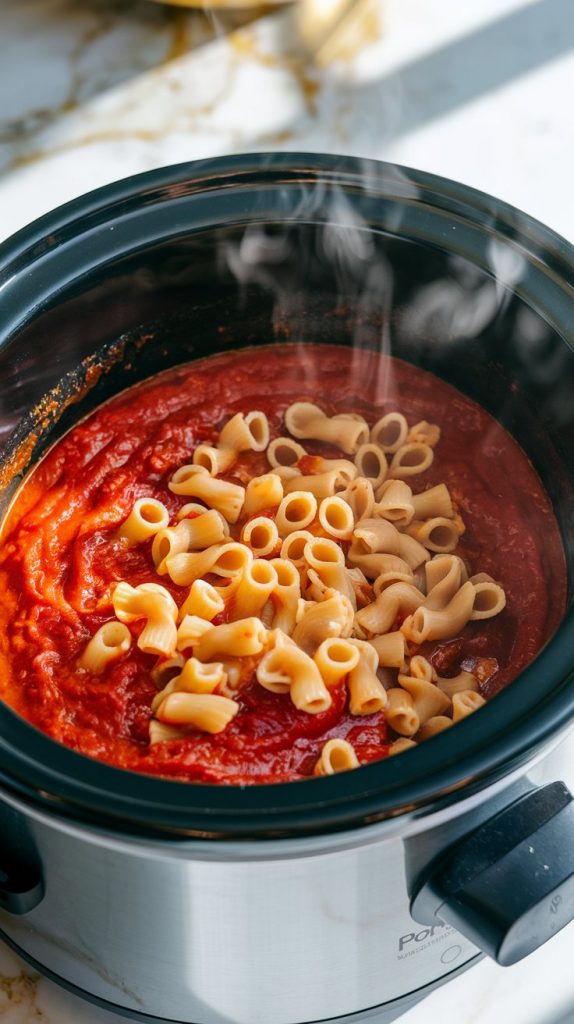 A crockpot filled with rich tomato sauce and uncooked pasta stirred in