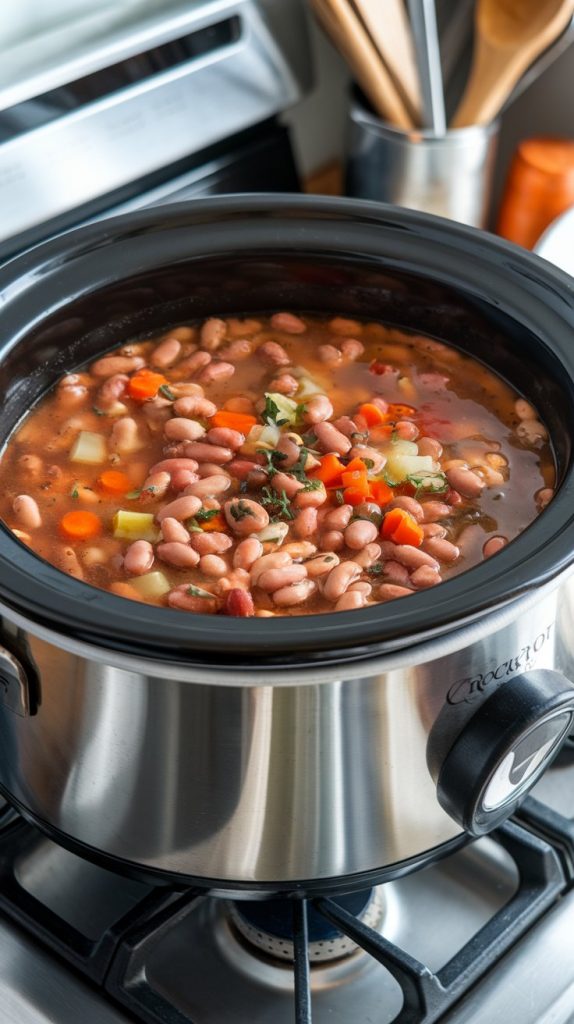 Crockpot filled with simmering pinto bean soup, showing soft vegetables and beans in a bubbling broth