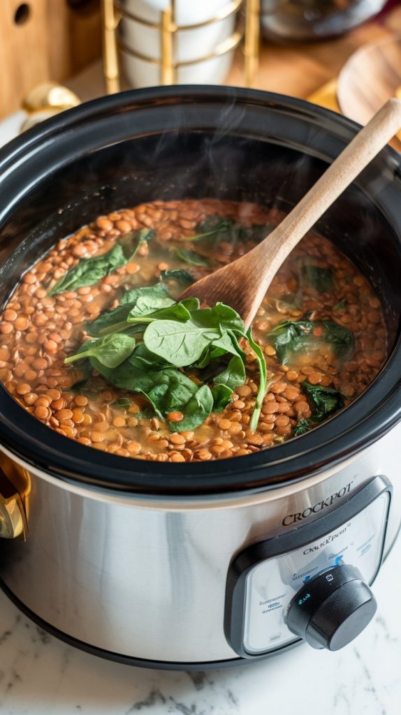 A crockpot filled with steaming lentil soup, fresh spinach leaves being stirred in with a wooden spoon