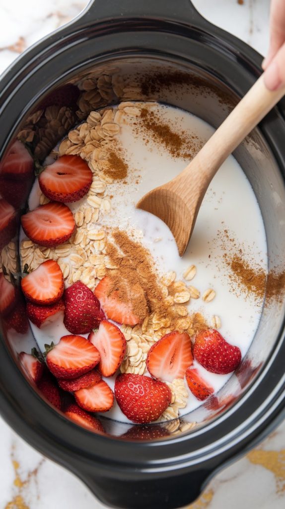 A crockpot filled with steel-cut oats, milk, fresh strawberries, a drizzle of honey, and sprinkled cinnamon