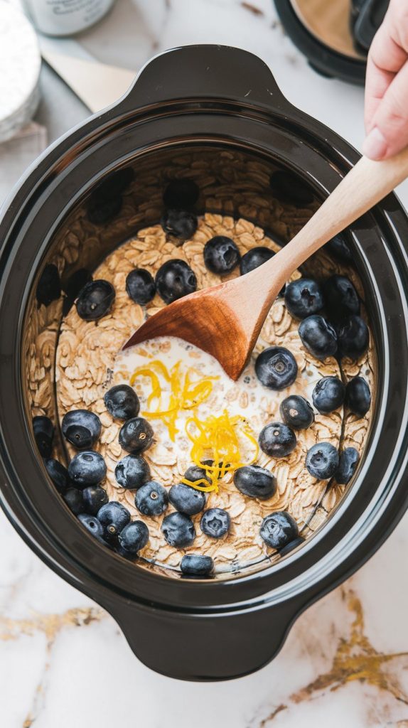 A crockpot filled with steel-cut oats, blueberries, almond milk, and lemon zest