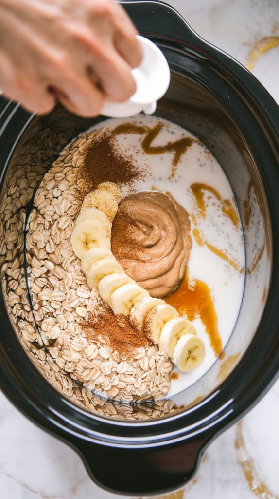 A crockpot filled with steel-cut oats, almond milk, water, mashed bananas