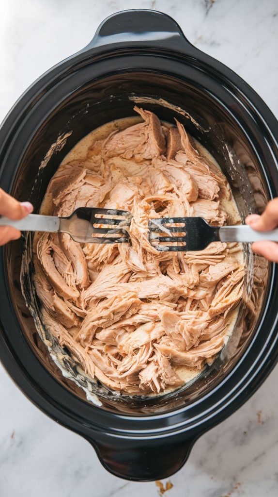 A crockpot filled with tender chicken being shredded using two forks